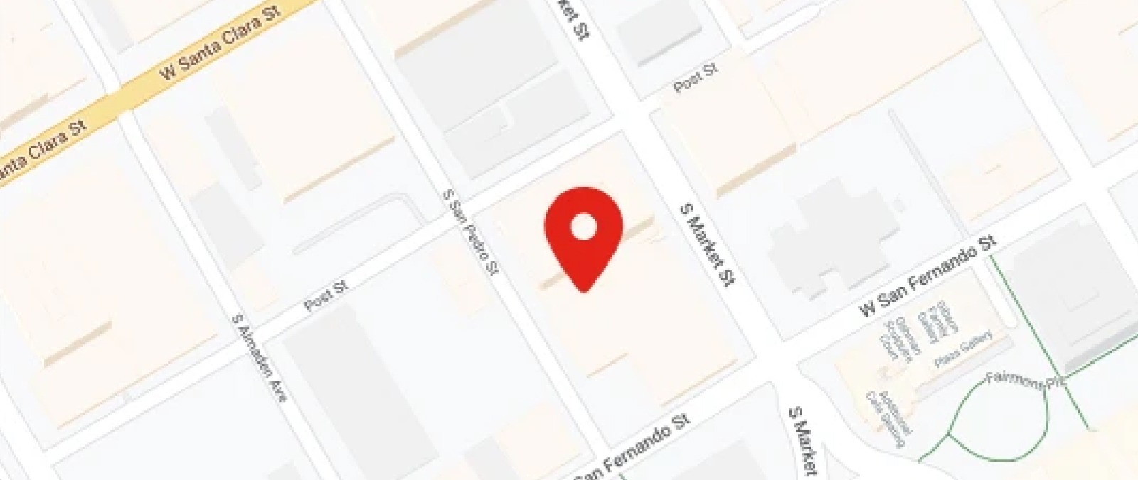 Digital map with a red location pin marking a specific spot at the intersection of S Market St and W San Fernando St.